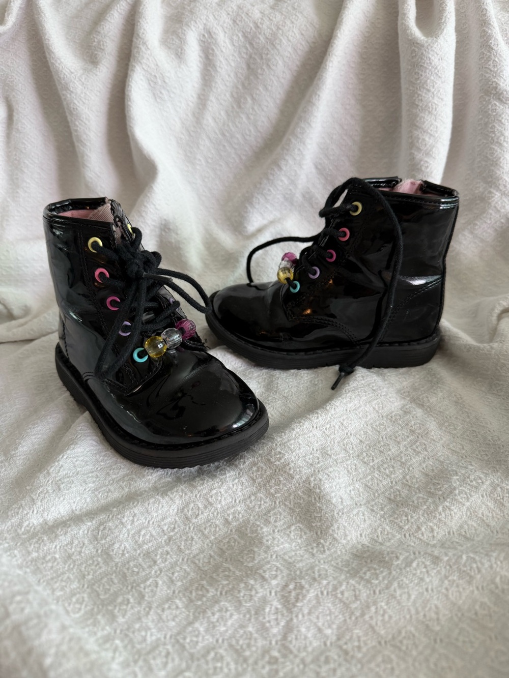 Kids Black Patent Lace-Up Boots with Colorful Eyelets